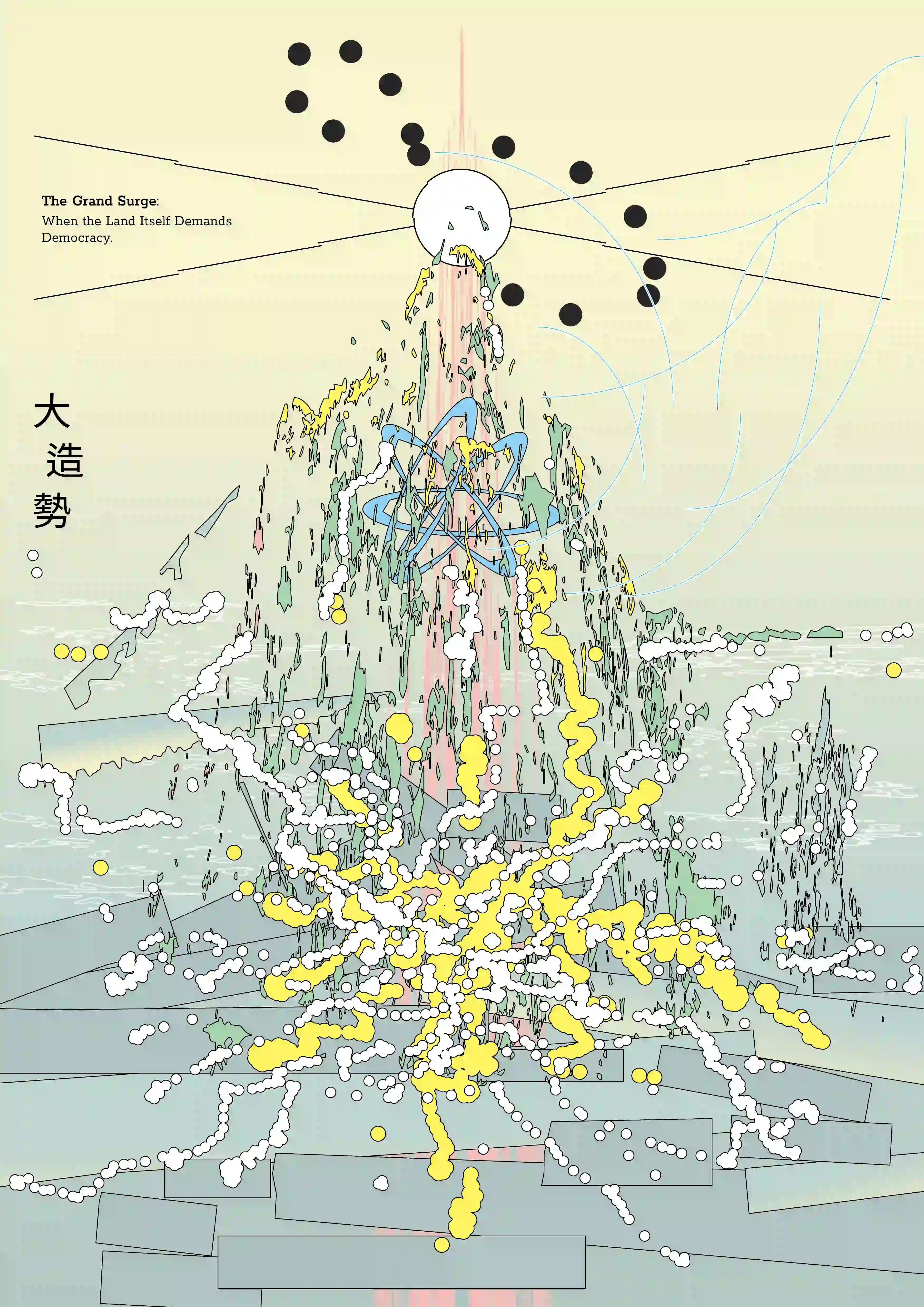 一張色彩淡雅、線條繁複的插畫構成圖，中央為一座山形結構，由墨綠、灰、粉紅等色塊與線條構成，從頂部向上延伸出白色圓形，圓形中有簡化的人臉表情，並向四周放射出黑色直線與多顆黑色圓點。山體上方包覆著藍色圓弧線圈，類似軌道。整張圖布滿白色與黃色的圓點與氣流狀線條，自下而上縱橫交錯。背景為漸層黃綠色天空，畫面左上角有黑字英文字：「The Grand Surge: When the Land Itself Demands Democracy.」左側另有豎排黑字：「大造勢」。