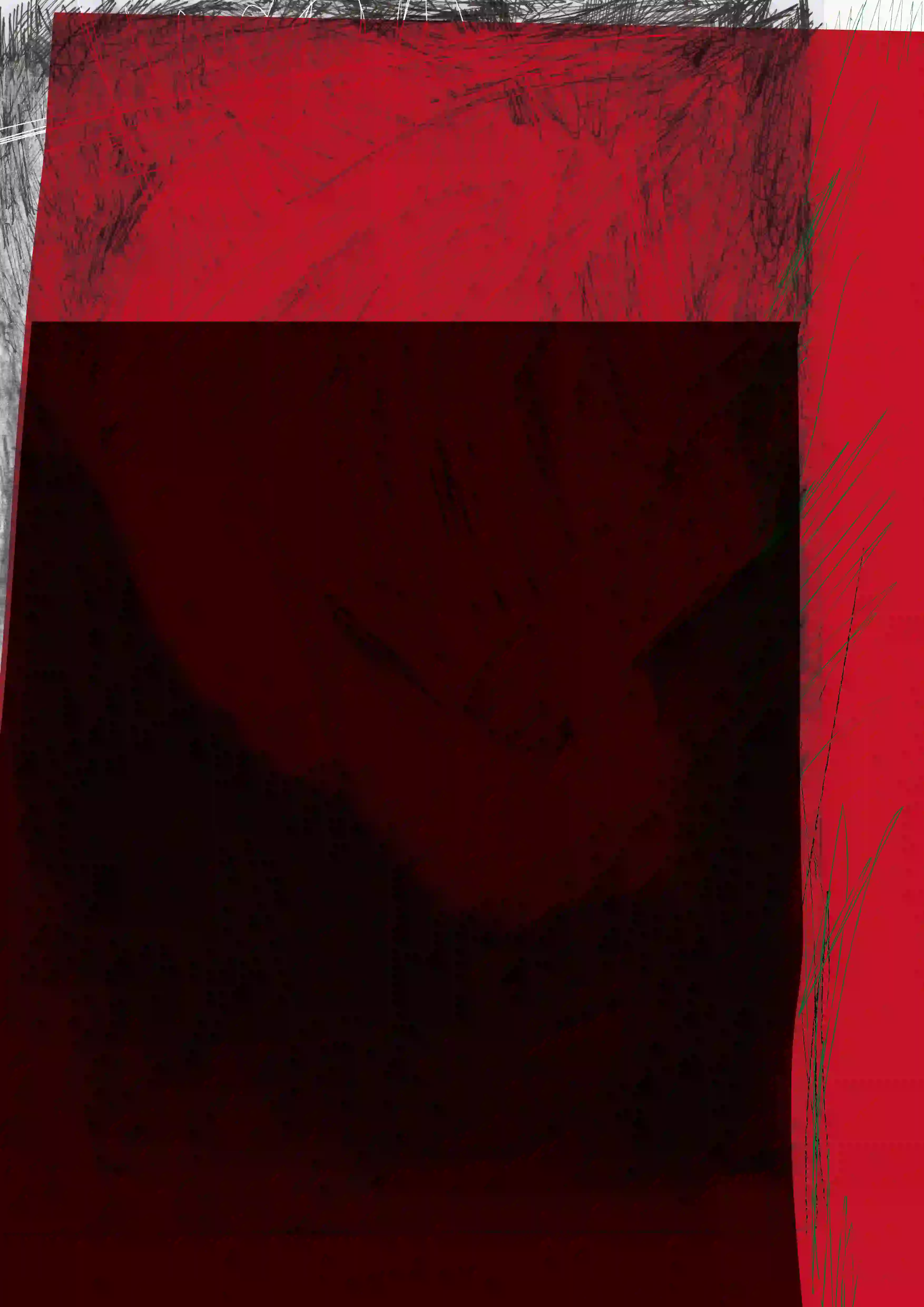 畫面主要由深紅與黑色構成，中央為一個大型深色長方形，佔據畫面大部分空間。圖像上半部為紅色底上疊加大量黑色粗細不一的筆觸與塗鴉狀線條，集中在左上與右上角。畫面右側與下方可見垂直與弧形紅色區塊，邊界略為模糊，帶有刮痕與重疊筆劃。整體為抽象構圖，無明確文字、圖案或具象物件。