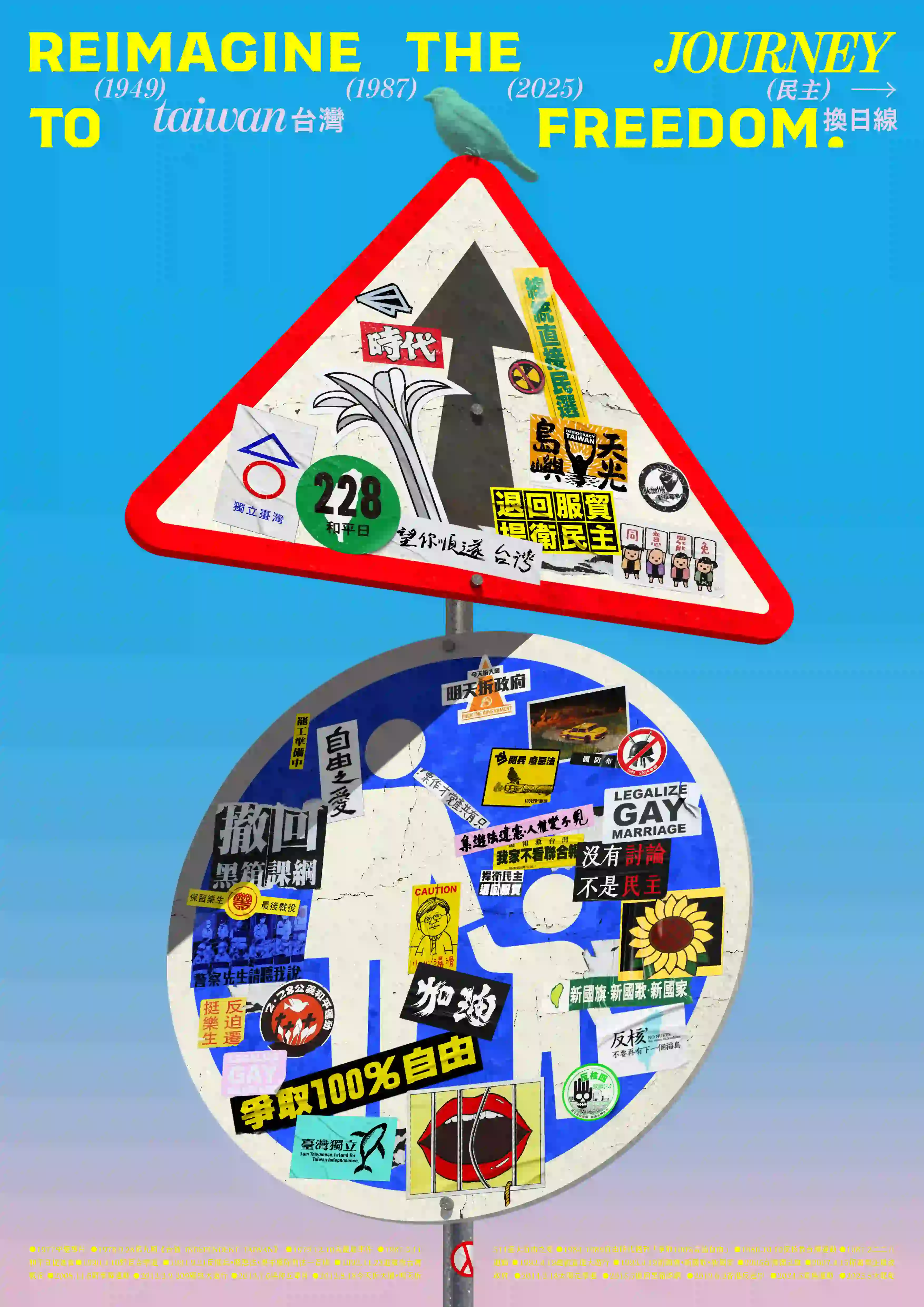 畫面背景為漸層藍天，前景為兩面貼滿社會運動貼紙的交通標誌，一為紅邊三角形警告標誌、一為圓形藍白禁令標誌。標誌上貼滿各式與台灣民主、人權、轉型正義、同志平權、太陽花運動、反服貿等議題有關的貼紙，如「時代」、「228和平日」、「還回服貿、還我民主」、「撤回黑箱課綱」、「沒有討論不是民主」、「LEGALAIZE GAY MARRIAGE」、「爭取100%自由」、「反滲透法」等。畫面上方有黃色藍色混排的英文標語：「REIMAGINE THE JOURNEY TO FREEDOM!（民主）換日線」，下方標注時間座標「(1949) (1987) (2025)」，象徵歷史斷裂與延續。頂部三角形標誌頂端站著一隻藍綠色鳥。底部並有小字說明轉型正義的歷史背景與相關事件。