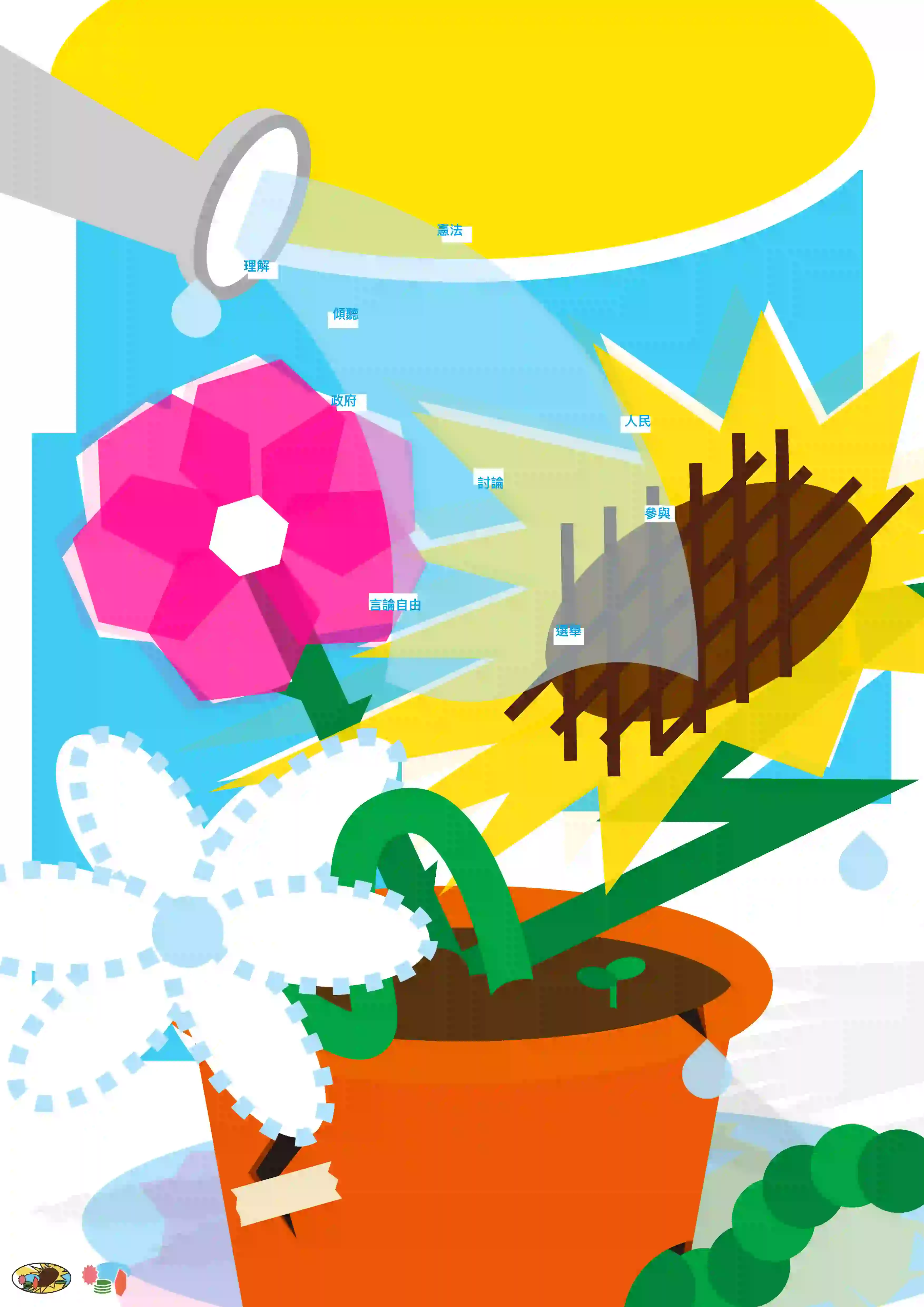 一張以向日葵盆栽為主題的插畫。畫面中有三朵花，分別為粉紅色六瓣花、黃色向日葵與白色虛線花。向日葵的花心上有棕色的鐵欄杆交錯遮蔽。右上方有陽光照射，左上方有一支銀灰色灑水器正澆水。水流中標示多個中文字詞，包括「憲法」「理解」「慎慮」「政府」「言論自由」「討論」「人民」「參與」「選舉」。橘色花盆下方有一塊膠帶貼住裂縫，盆栽左下角有兩個貼紙圖案，一個為地瓜、另一個為粉紅花。