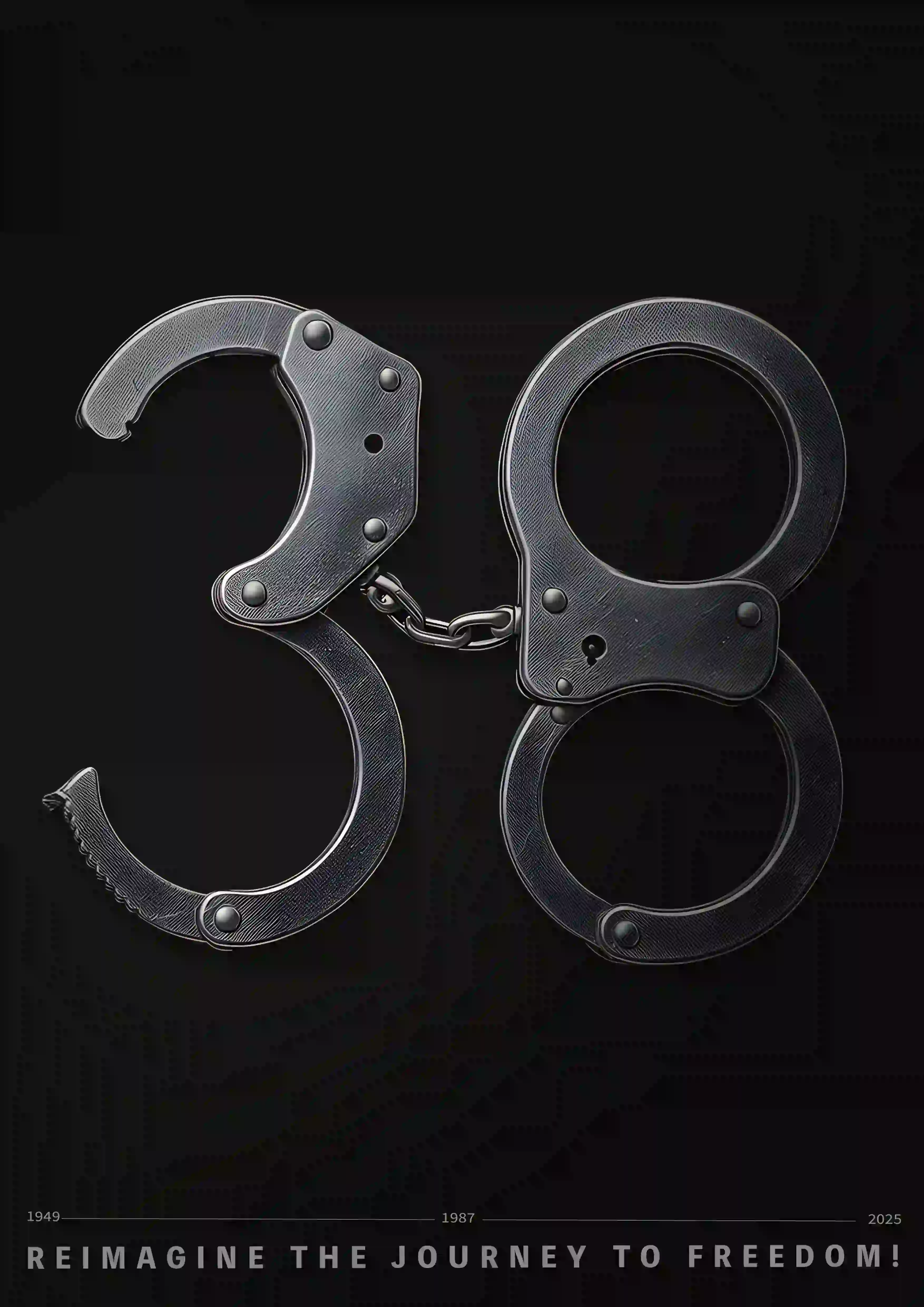一副金屬手銬組合成數字「38」，象徵台灣戒嚴統治的 38 年歷史。手銬的開口朝外，呈現解開狀態。背景為純黑色，畫面底部寫有年份「1949」、「1987」、「2025」，下方標語為「REIMAGINE THE JOURNEY TO FREEDOM!」。