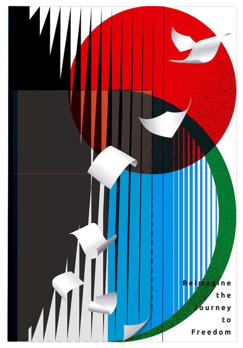 抽象平面設計作品，由幾何圖形與漸層色塊構成。中央有一個大型紅色圓形，與黑色長方形、藍色直條紋及綠色弧形交疊。數張白色的紙張狀圖形在畫面中央及右上方飄動，形似飛翔的白鴿。左側與下方邊緣有黑白相間的三角條紋，營造動感。右下角以黑色字體寫著「Reimagine the Journey to Freedom」。